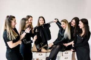 celebration, friends, bachelorette, birthday party and holidays concept - happy women in black