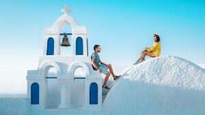 couple honeymoon on vacation Greece visisting Oia Santorini
