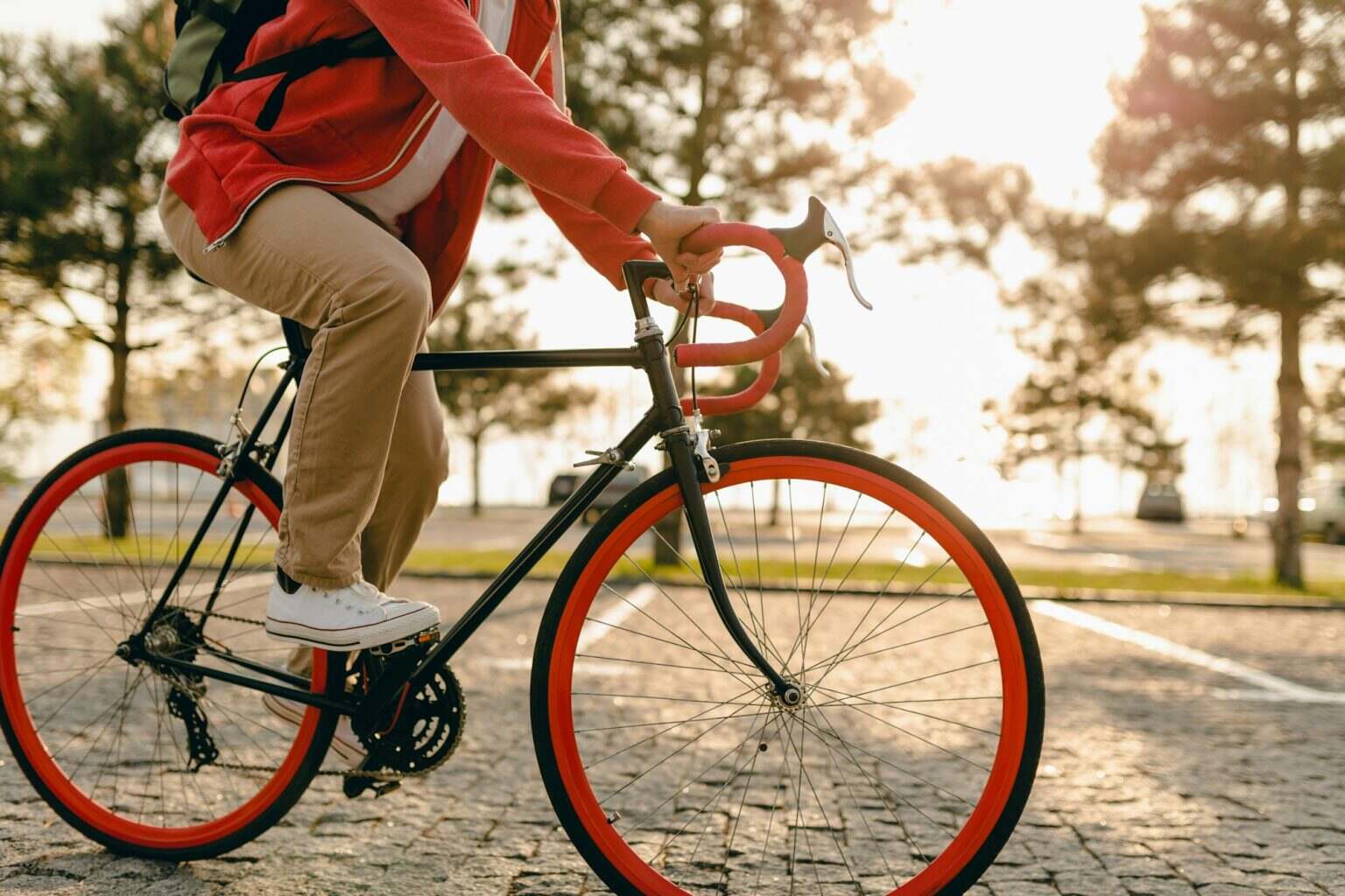 handsome bearded man traveling with bicycle in morning