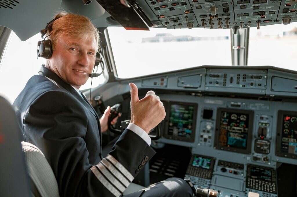 Male pilot sitting in airplane cockpit and giving thumbs up