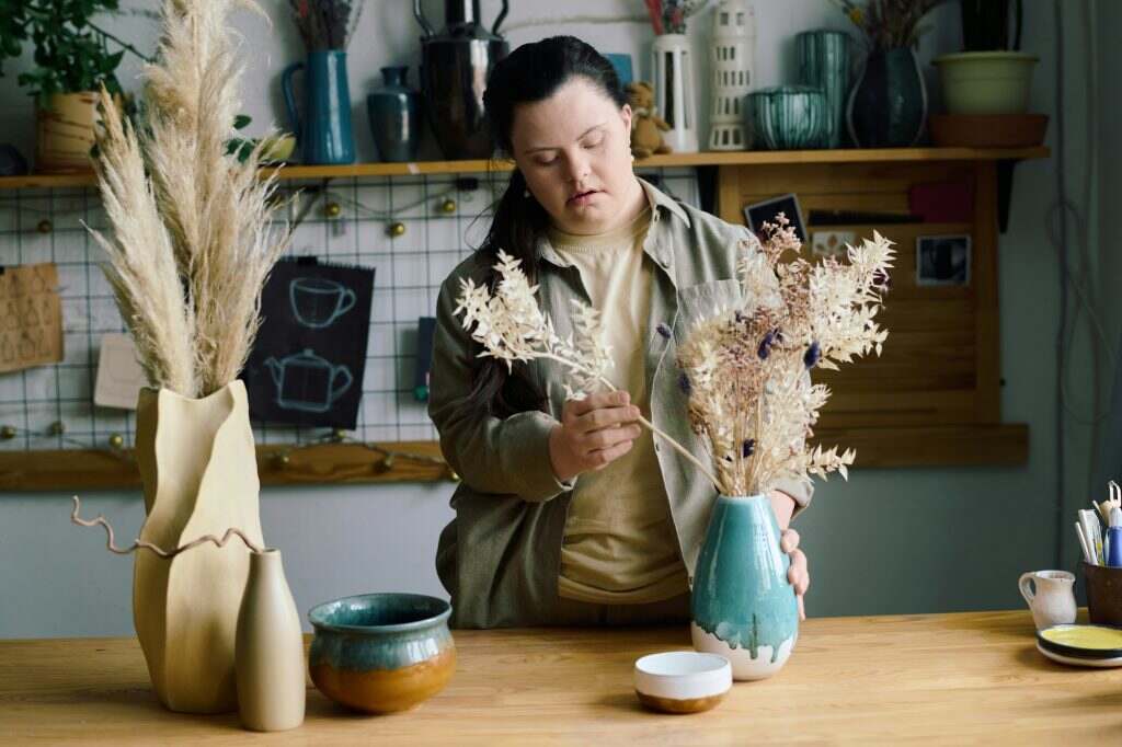Woman With Disability Making Dried Flower Bouquet