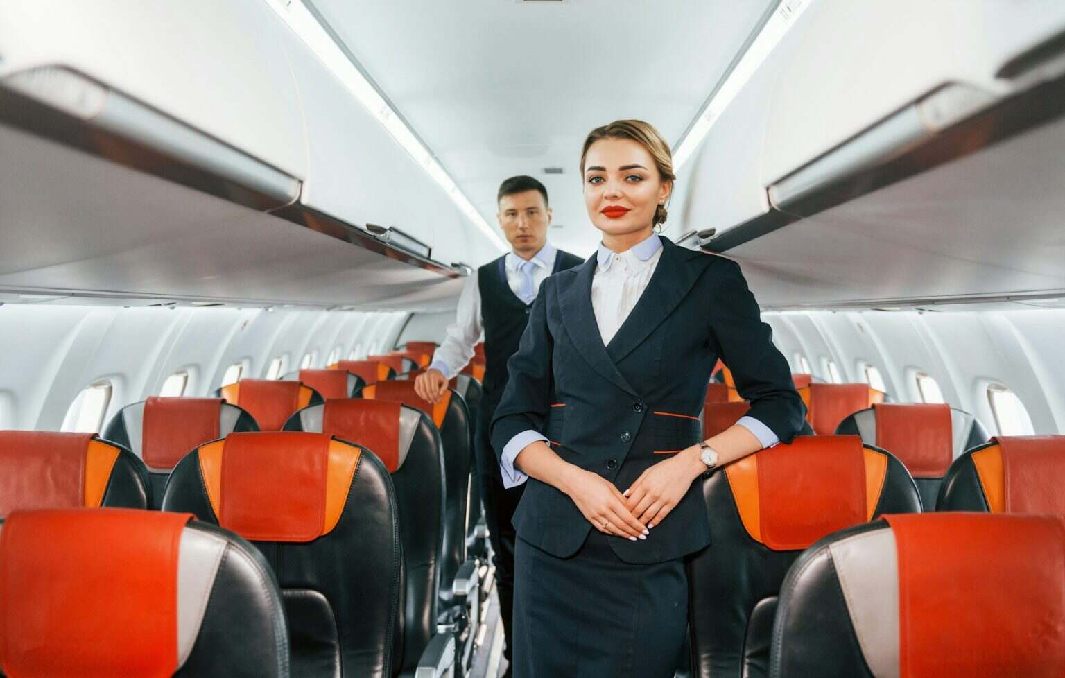 Young stewardess with steward on the work in the passanger airplane
