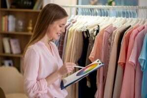 Girl designer looking for a new solution in the choice of color.