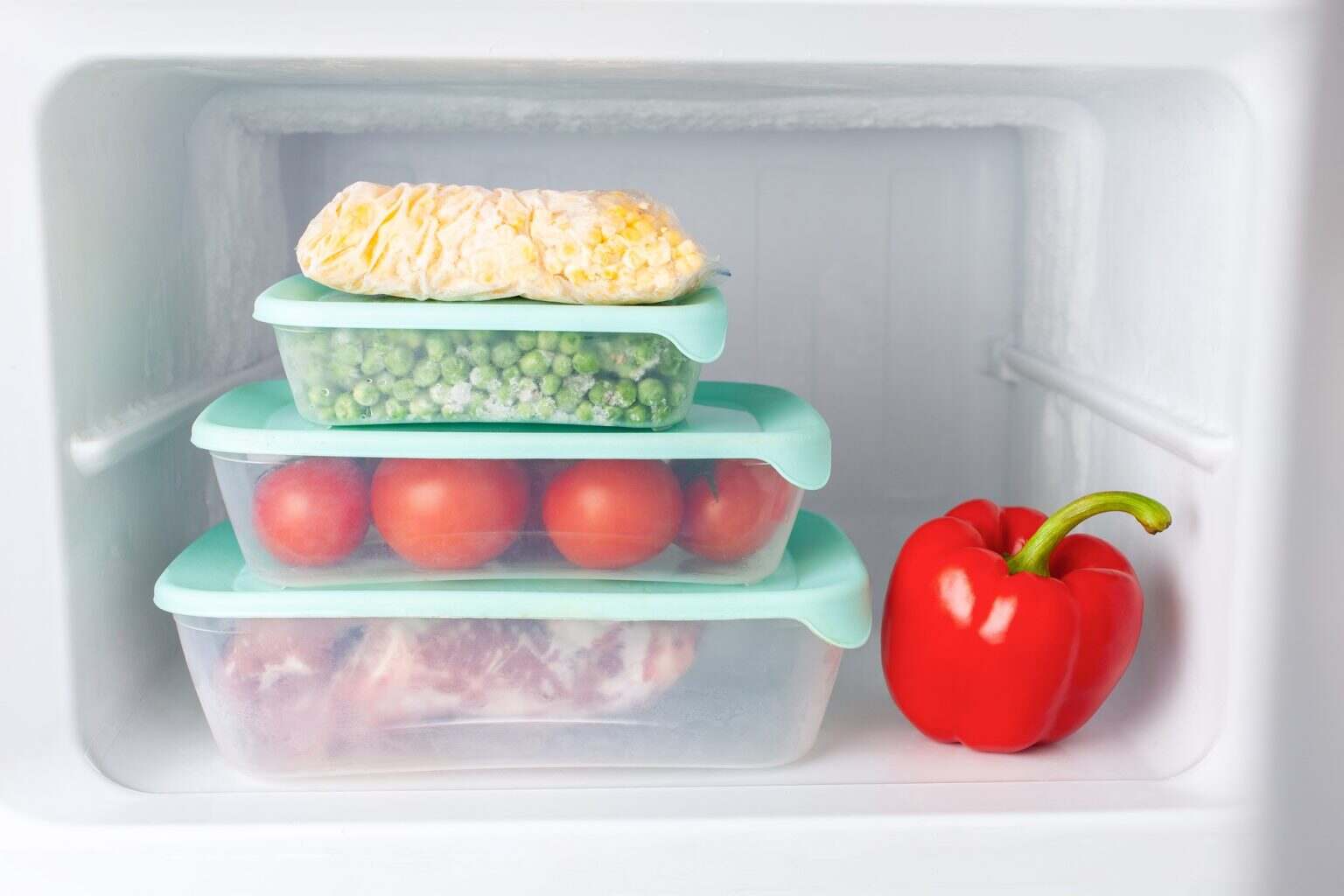 Les bonnes pratiques à adopter pour congeler et décongeler les aliments en toute sécurité Frozen vegetables and meat in blue plastic containers