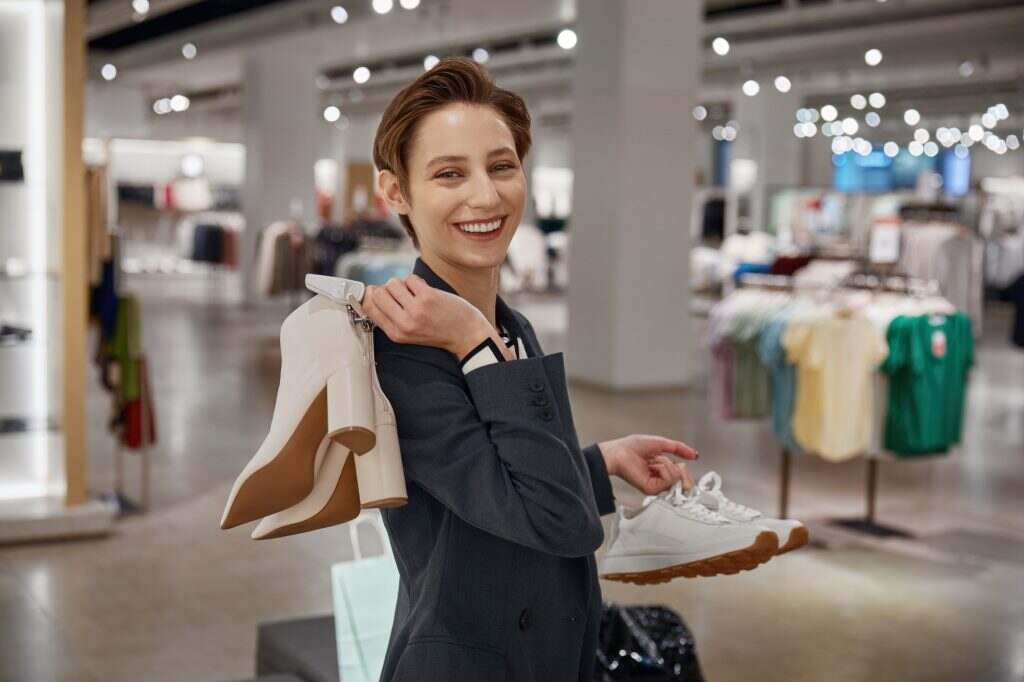 Satisfied woman customer holding shoes from new collection