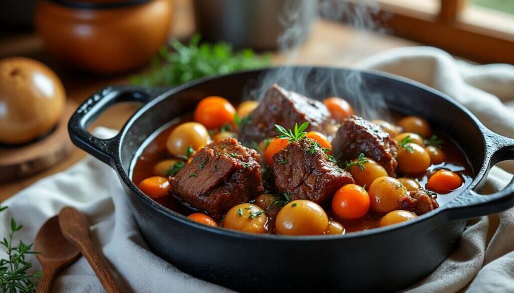 découvrez la recette authentique du boeuf bourguignon, un plat emblématique de la cuisine française. apprenez à préparer ce délicieux ragoût de viande tendre, mijoté avec du vin rouge, des carottes et des aromates pour un repas convivial et savoureux.
