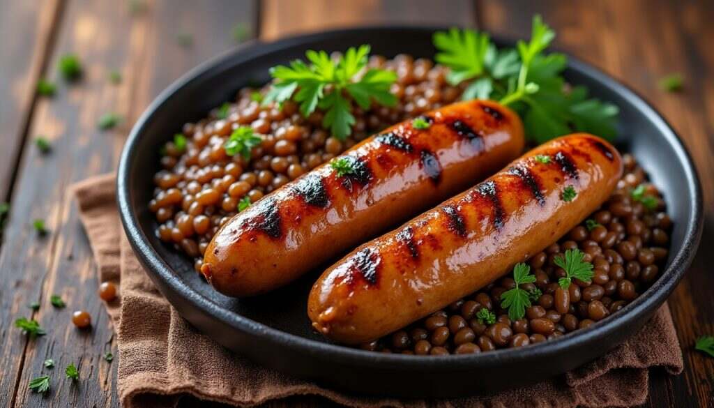 Délicieuses saucisses accompagnées de lentilles savoureuses découvrez une harmonie de saveurs avec nos délicieuses saucisses, savamment accompagnées de lentilles savoureuses. un plat réconfortant et nourrissant, idéal pour les amateurs de cuisine authentique.