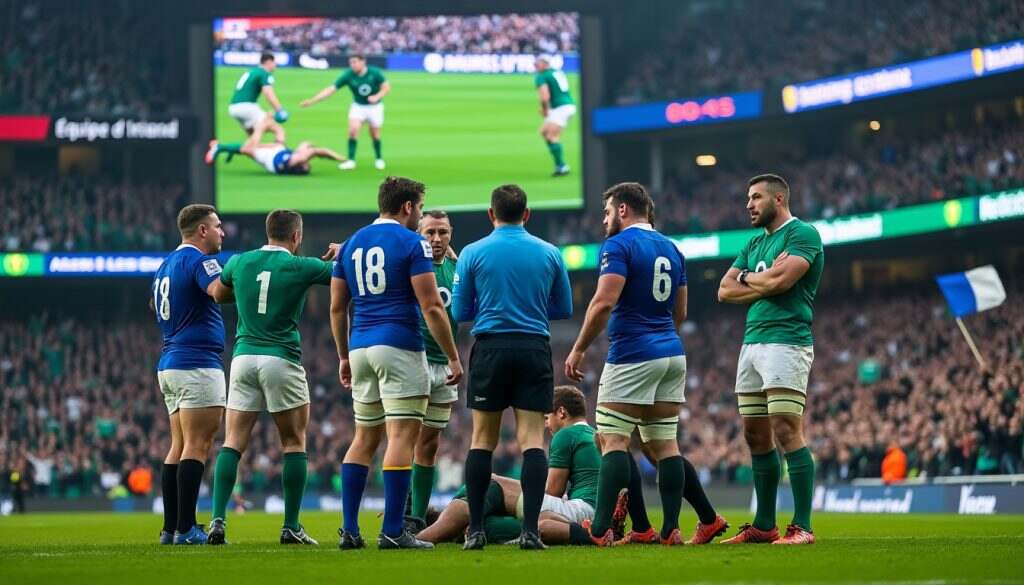 découvrez la vidéo où l'arbitre explique aux joueurs français l'absence de faute des irlandais sur la blessure d'antoine dupont, après avoir analysé les ralentis lors du match. une clarification qui soulève des questions sur l'arbitrage et les décisions prises sur le terrain.