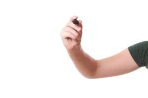 hand writing with red marker pen on invisible screen