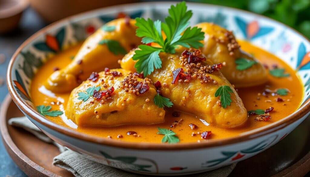 découvrez une recette savoureuse de poulet épicé au lait de coco et curry, alliant des épices aromatiques et une douceur crémeuse pour un plat irrésistible. parfait pour un dîner réconfortant et plein de saveurs!