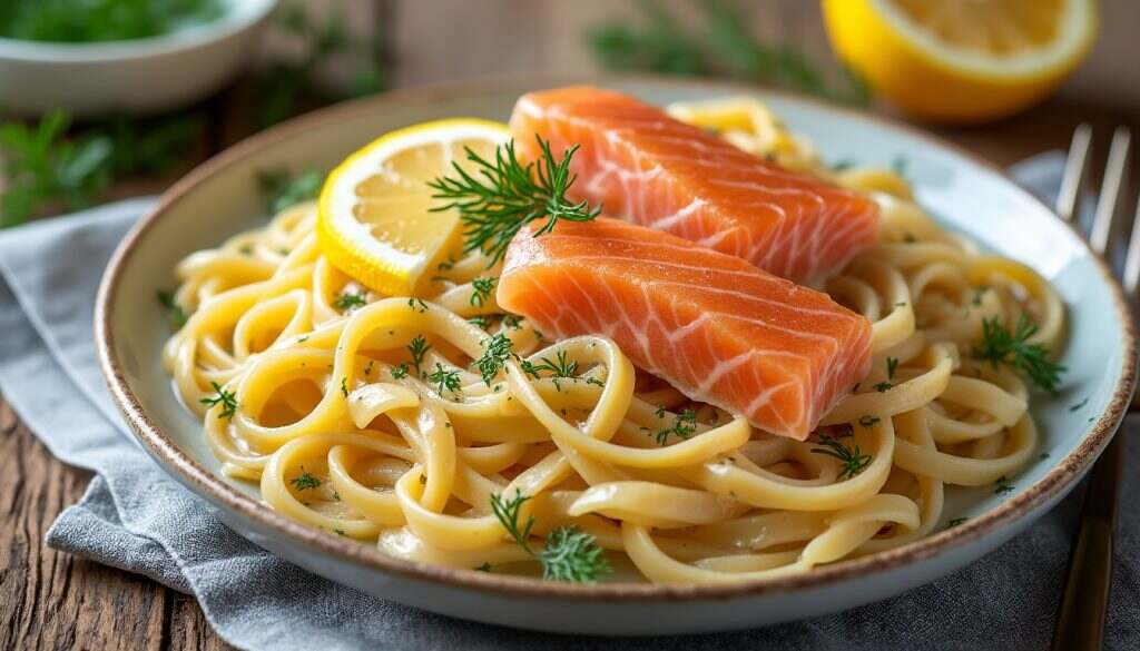 découvrez notre plat savoureux de tagliatelles accompagnées de saumon frais, un mélange parfait de délicatesse et de saveurs maritimes. idéal pour un repas raffiné ou une soirée entre amis, cette recette allie le goût fondant du saumon à la texture onctueuse des pâtes. un délice à ne pas manquer!