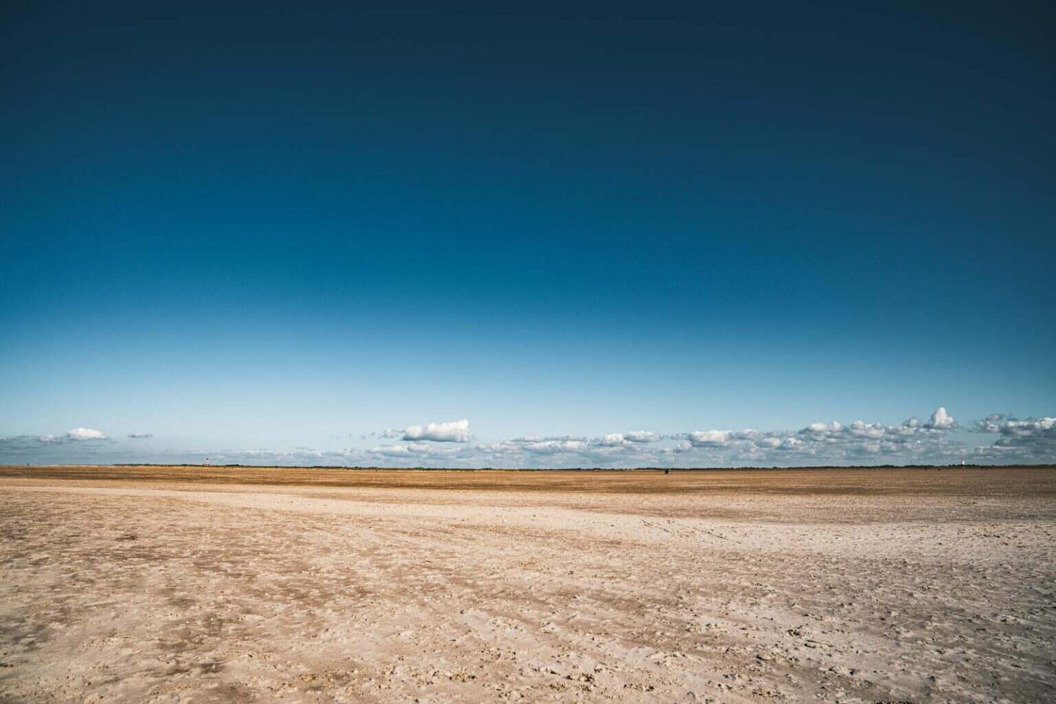 Wide sandy beach with clear blue skies and distant clouds, perfect for nature lovers.