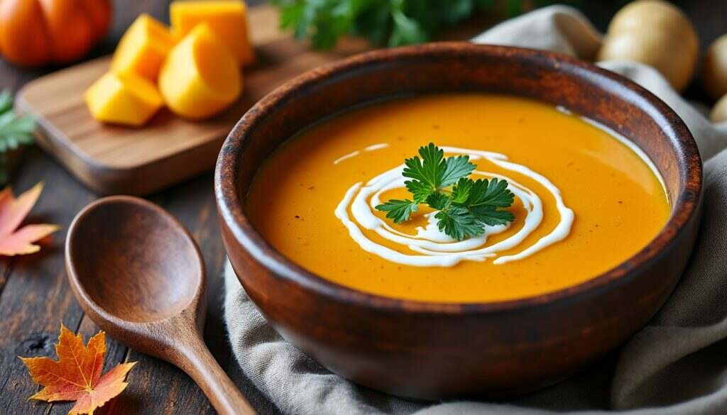 découvrez notre recette de délicieuse soupe crémeuse au potimarron et pommes de terre, un plat réconfortant et savoureux, parfait pour les soirées d'automne. facile à préparer, cette soupe allie la douceur du potimarron à la texture veloutée des pommes de terre, pour un délice gourmand à savourer en famille.