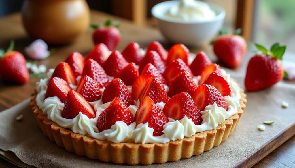 découvrez la déliceuse tarte aux fraises, un classique sucré à savourer en toutes occasions. avec sa pâte croustillante et sa généreuse garniture de fraises juteuses, cette recette ravira les amateurs de desserts. idéale pour les repas en famille ou les fêtes entre amis, laissez-vous tenter par ce délice fruité qui fera fondre vos papilles!
