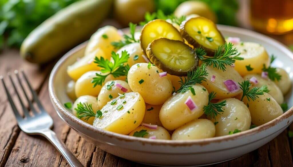 découvrez notre délicieuse salade fraîcheur de pommes de terre, harmonieusement agrémentée de cornichons croquants. une recette parfaite pour vos repas d'été, alliant saveurs et texture pour un plaisir gustatif assuré.