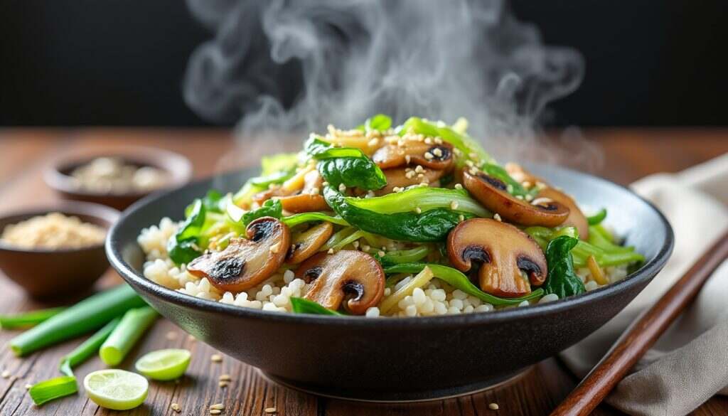 découvrez notre délicieux sauté de chou chinois aux champignons, accompagné d'un riz savoureux. un plat équilibré et réconfortant, idéal pour un repas sain et rapide à préparer. laissez-vous séduire par cette recette riche en saveurs et en textures !