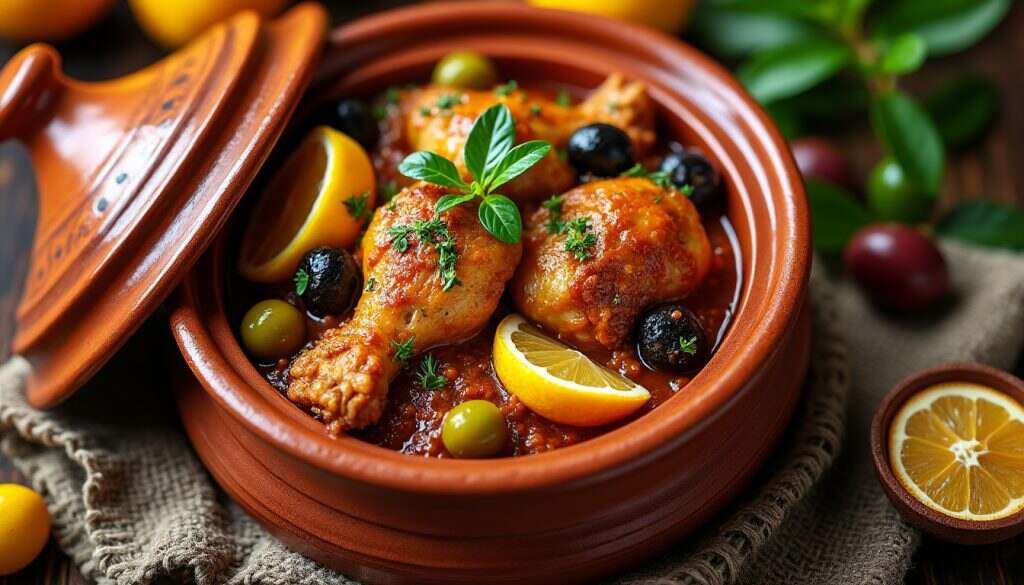 découvrez notre savoureux tajine au poulet, sublimé par des olives, des citrons confits et un filet d'huile d'argan délicate. une expérience culinaire authentique qui régalera vos papilles et vous plongera dans les saveurs du maroc.
