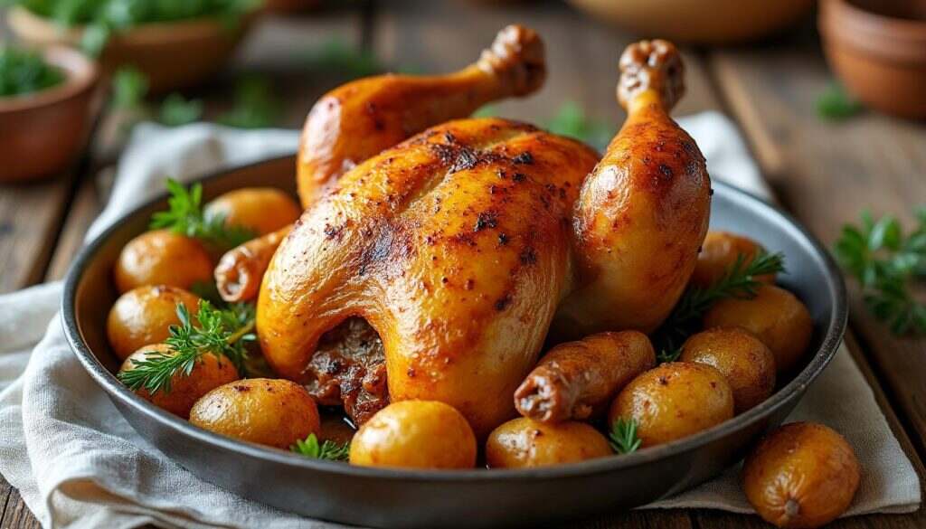 savourez un succulent plat de volaille rôtie, croustillante à l'extérieur et juteuse à l'intérieur, accompagnée de délicieuses pommes de terre dorées à la perfection. une harmonie de saveurs qui ravira vos papilles à chaque bouchée.