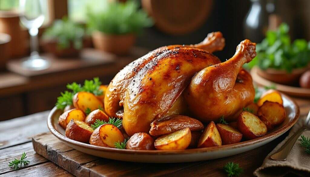 Recette Volaille rôtie accompagnée de pommes de terre dorées savourez une délicieuse volaille rôtie, juteuse et tendre, servie avec des pommes de terre dorées croustillantes. un plat réconfortant qui ravira vos papilles et embellira vos repas en famille ou entre amis.