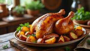 savourez une délicieuse volaille rôtie, juteuse et tendre, servie avec des pommes de terre dorées croustillantes. un plat réconfortant qui ravira vos papilles et embellira vos repas en famille ou entre amis.