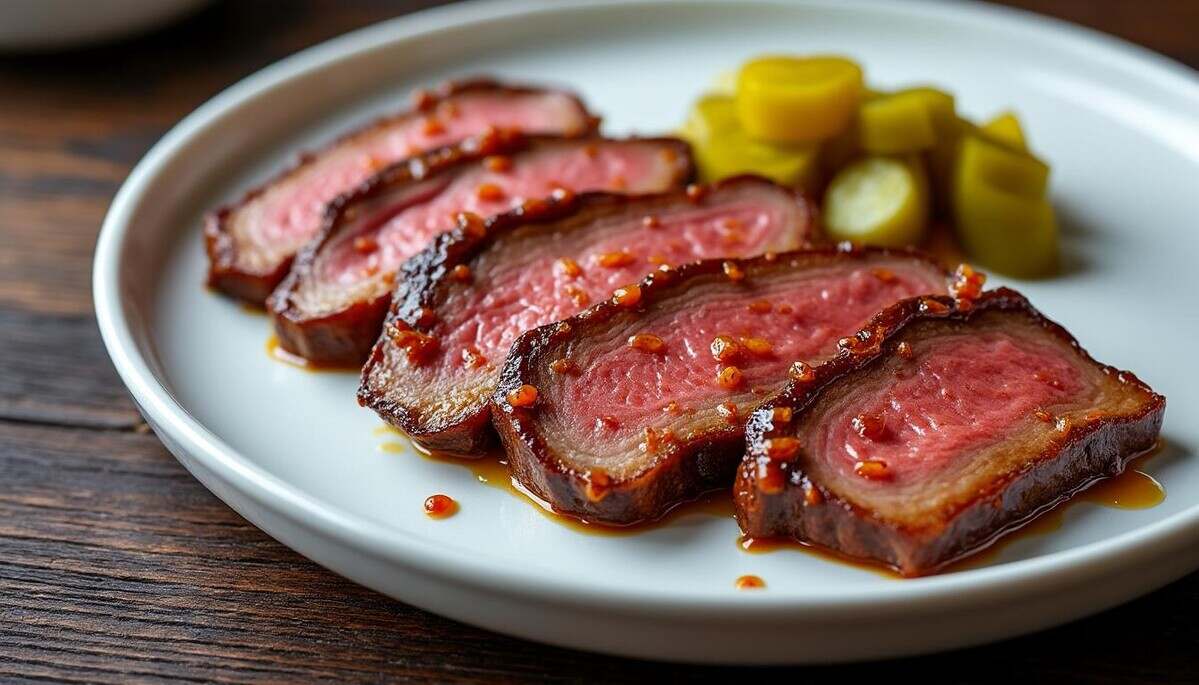 savourez notre délicieuse langue de bœuf cuite lentement dans une sauce piquante, accompagnée de cornichons croquants. un plat réconfortant qui éveillera vos papilles avec un mélange de saveurs audacieuses et de textures irrésistibles.
