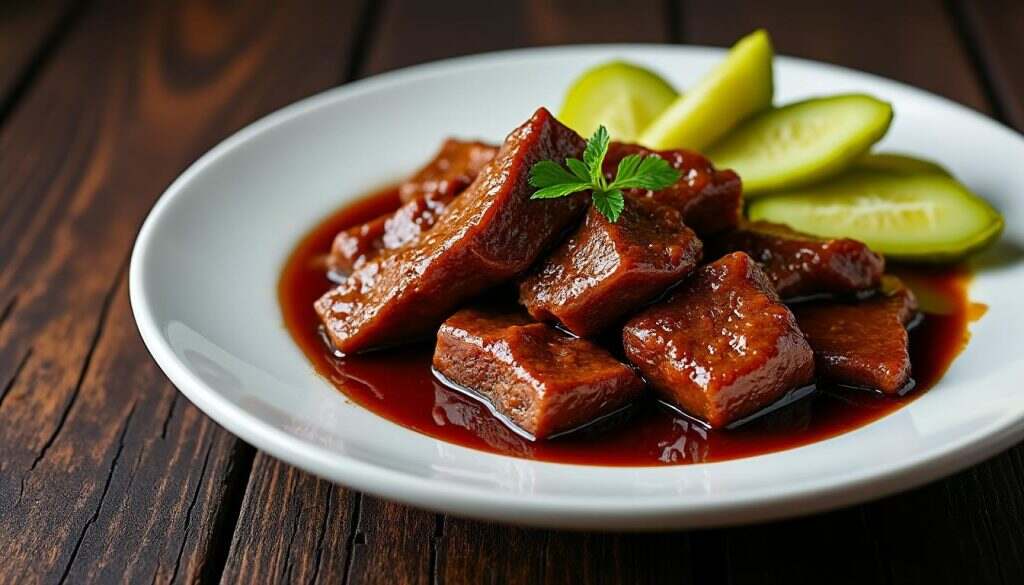 découvrez notre savoureuse langue de bœuf mijotée dans une sauce piquante, parfaitement équilibrée, et dégustez-la avec des cornichons croquants pour une expérience culinaire inoubliable.