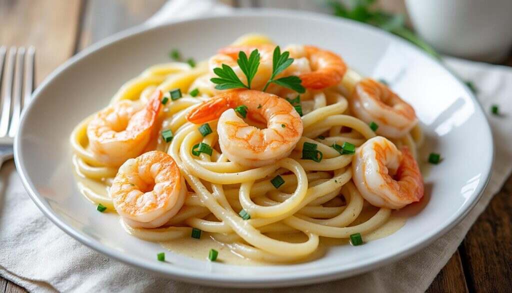 savourez des pâtes crémeuses aux crevettes, un plat délicieux alliant la douceur des crevettes juteuses et une sauce onctueuse. parfait pour un repas réconfortant et rapide à préparer, idéal pour impressionner vos invités ou pour un dîner en famille.