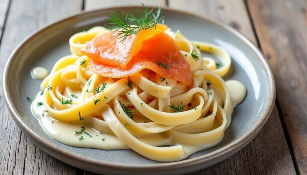 savourez des tagliatelles délicatement enrobées de saumon fumé, un plat alliant la douceur des pâtes artisanales à la richesse du saumon pour une expérience culinaire inoubliable.