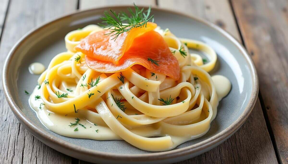 savourez des tagliatelles délicatement enrobées de saumon fumé, un plat alliant la douceur des pâtes artisanales à la richesse du saumon pour une expérience culinaire inoubliable.