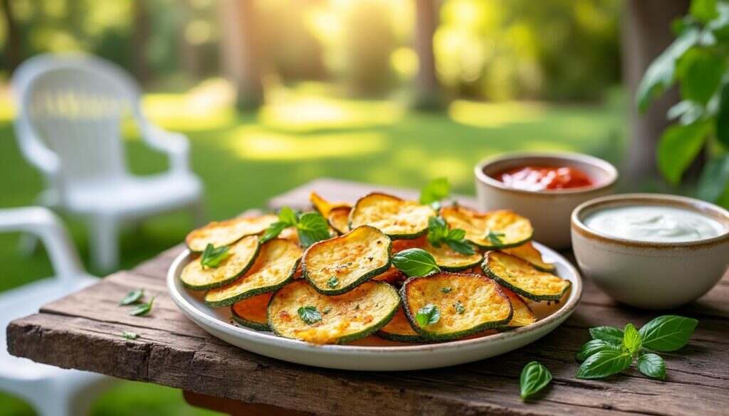 régalez vos invités avec ces succulentes chips de courgette au parmesan, prêtes en seulement 15 minutes. idéales pour vos apéritifs estivaux, elles allient légèreté et saveurs irrésistibles. à ne pas manquer!