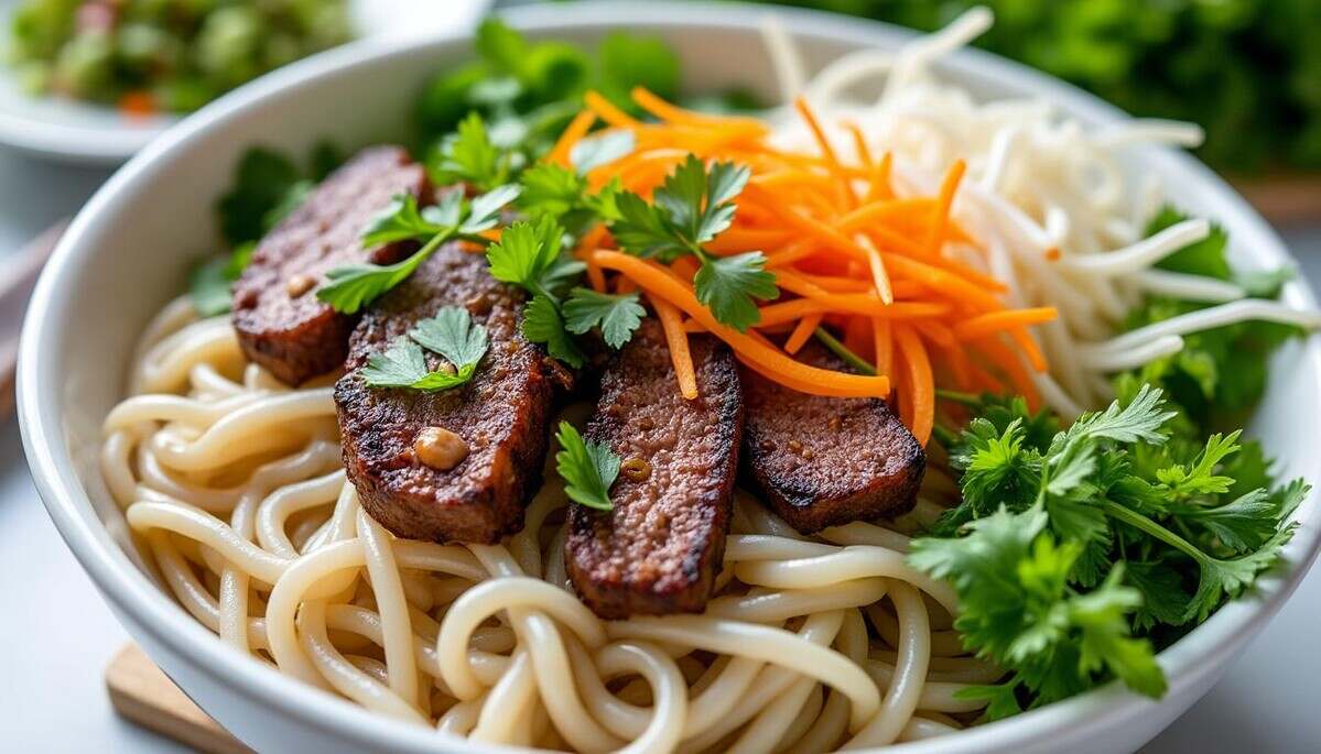 plongez dans l'univers savoureux du bo bun, une délicieuse spécialité vietnamienne. savourez des vermicelles de riz garnis de légumes frais, de viande tendre et d'herbes aromatiques, le tout rehaussé d'une sauce au nuoc mam. un voyage culinaire inoubliable à chaque bouchée.