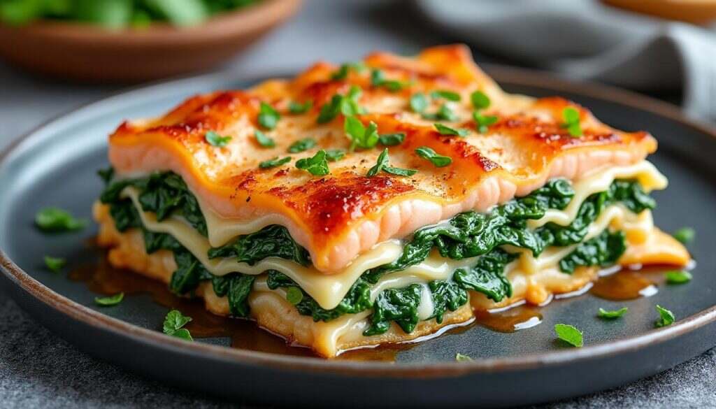 découvrez nos délicieuses lasagnes de saumon et épinards, un plat savoureux et équilibré qui ravira vos papilles. parfait pour un repas en famille ou entre amis, alliant la douceur du saumon aux bienfaits des épinards. une recette à la fois gourmande et riche en nutriments !