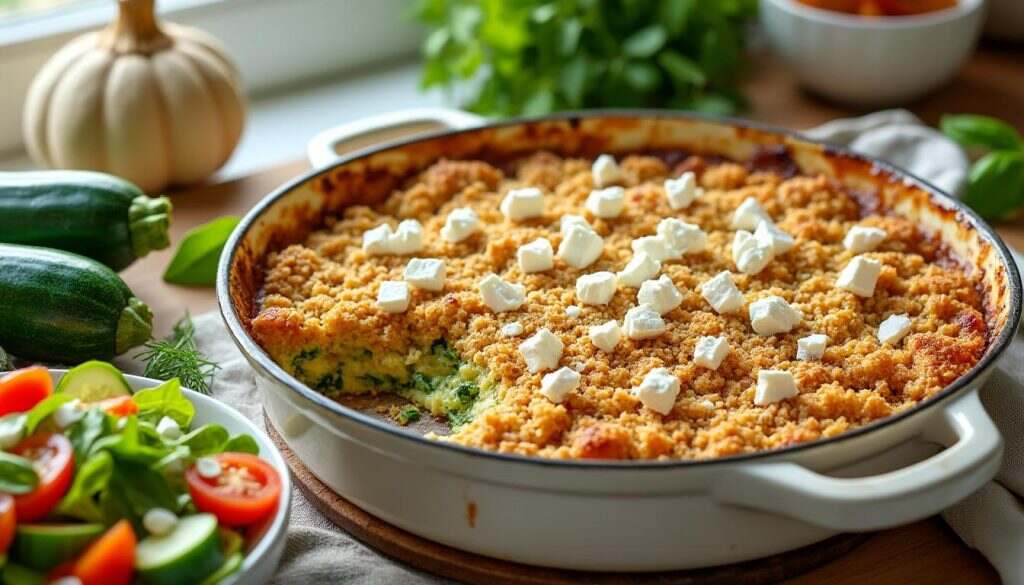 découvrez une recette de crumble estival savoureux alliant la courgette fraîche et la feta crémeuse pour un plat léger et délicieux. parfait pour les chaudes journées d'été, ce mélange de saveurs saura ravir vos papilles tout en vous apportant fraîcheur et légèreté.