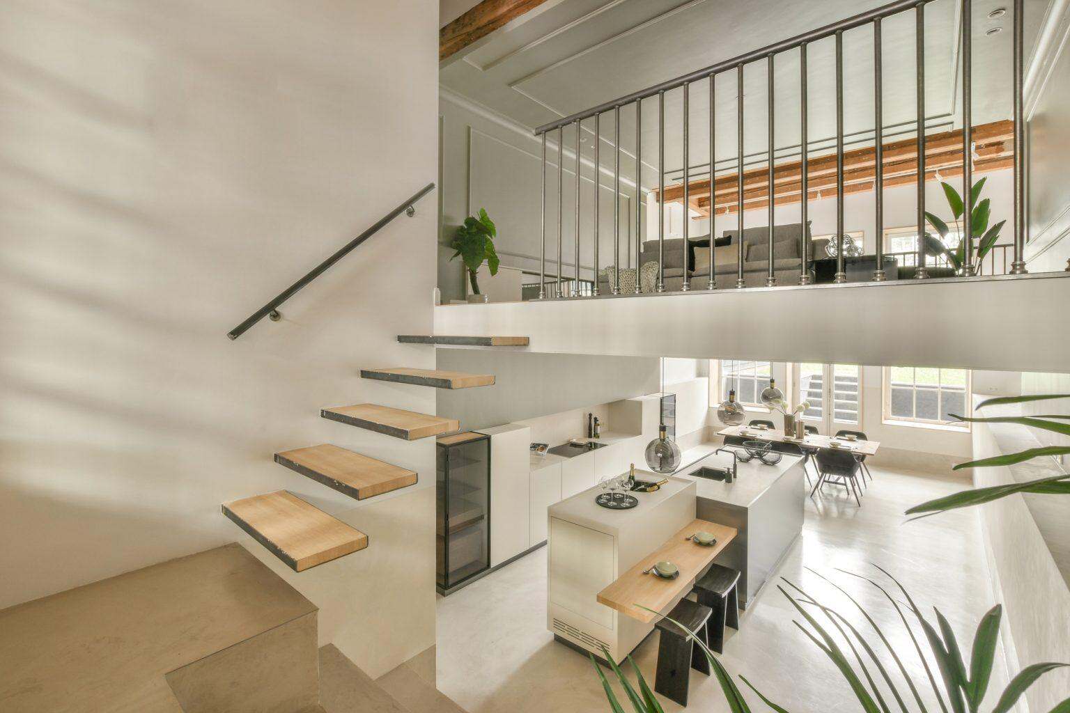 Spacious bright corridor with stairs and entrance to the dining room