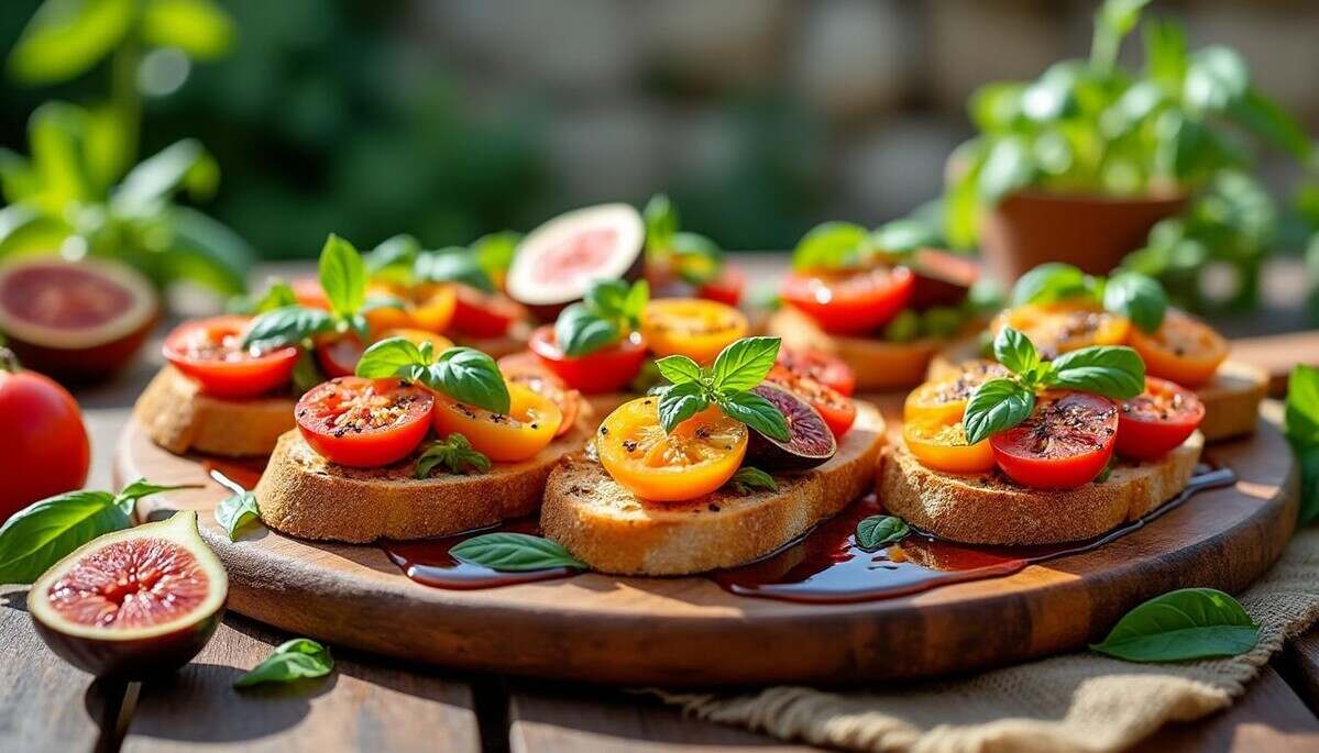 découvrez une recette irrésistible de bruschettas aux tomates anciennes et figues juteuses, alliant saveurs estivales et fraîcheur. parfaites pour vos soirées d’été, ces petites bouchées colorées émerveilleront vos invités avec leur goût authentique. prêtes en un rien de temps, elles sont l'apéritif idéal pour toute occasion.