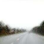 a blurry picture of a road with trees on the side of it