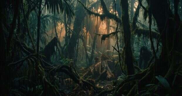 Dense tropical jungle at twilight
