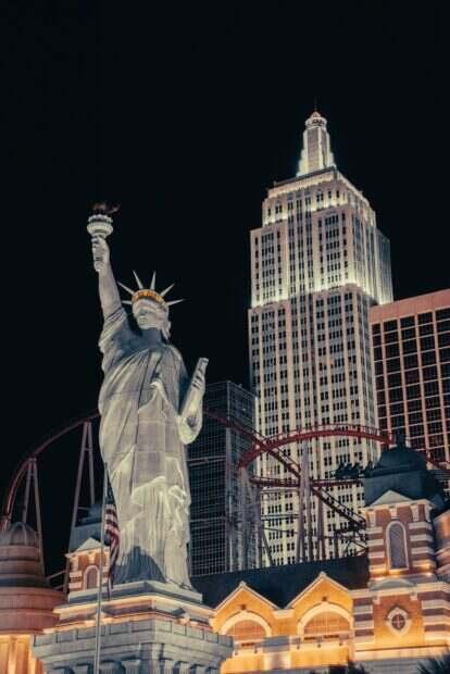 Illuminated replica of Statue of Liberty at New York-New York Hotel and Casino, Las Vegas.