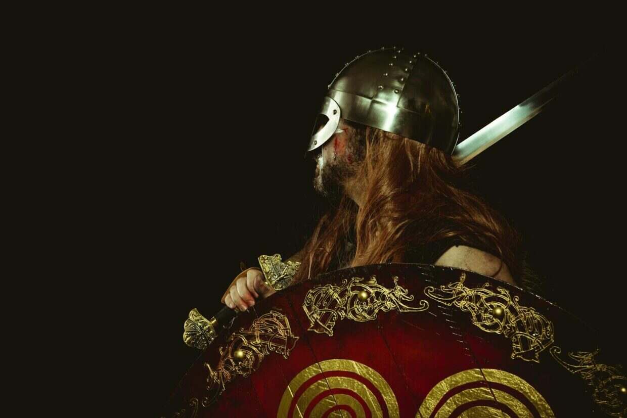 Gladiator 2 : la réponse cinglante de Ridley Scott sur l’absence de Russell Crowe Side profile of a Viking warrior in traditional armor, holding a decorated shield and sword.