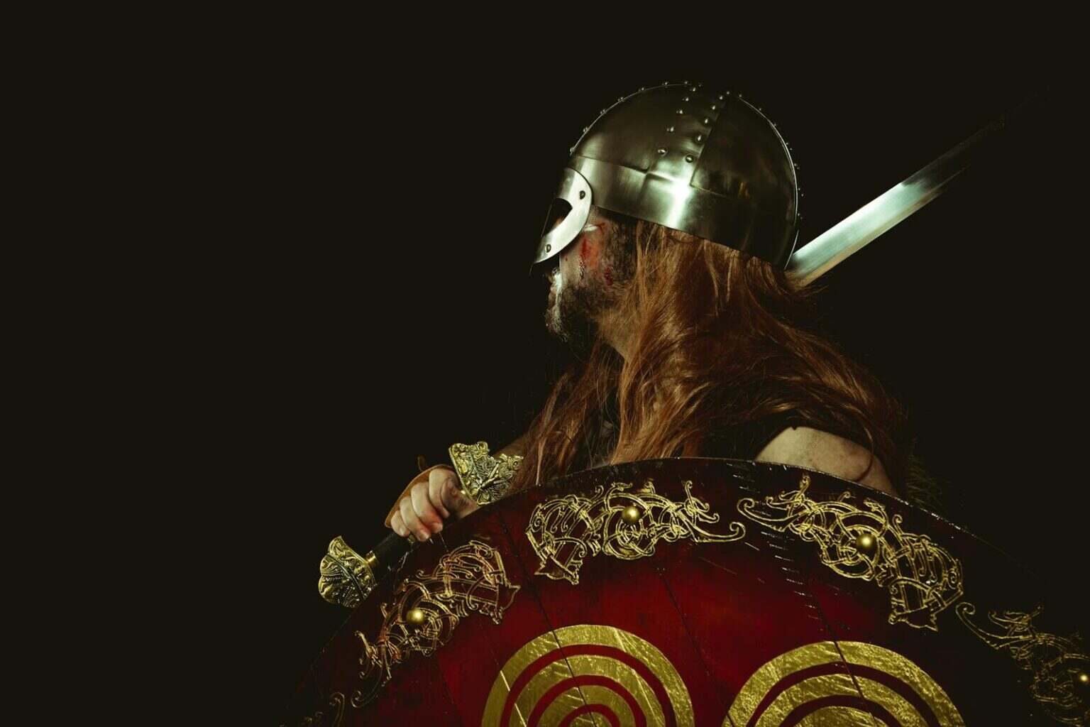 Side profile of a Viking warrior in traditional armor, holding a decorated shield and sword.