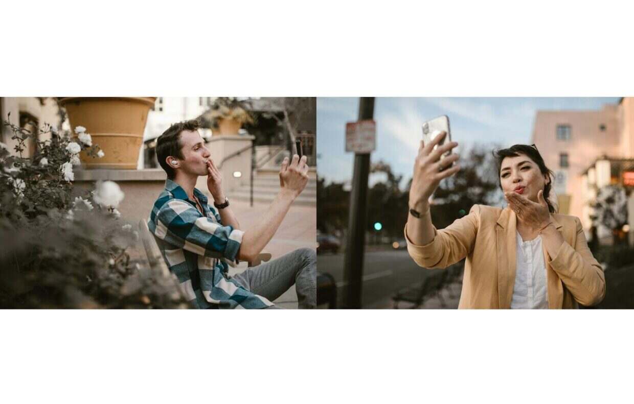 A couple sharing a virtual kiss via smartphones, highlighting long-distance love and connection.