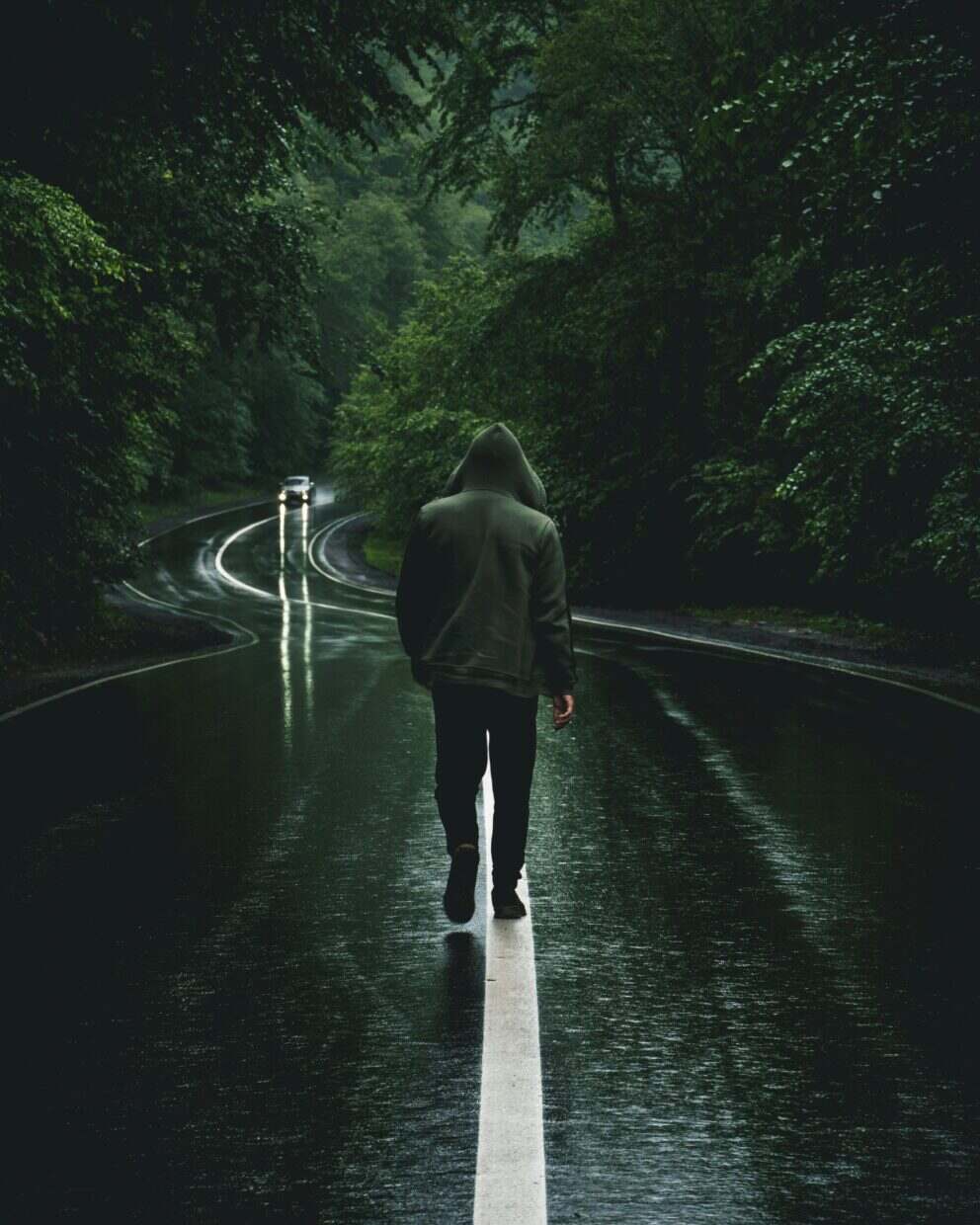 A solitary figure in a hoodie walks on a wet forest road, creating a mysterious and moody atmosphere.