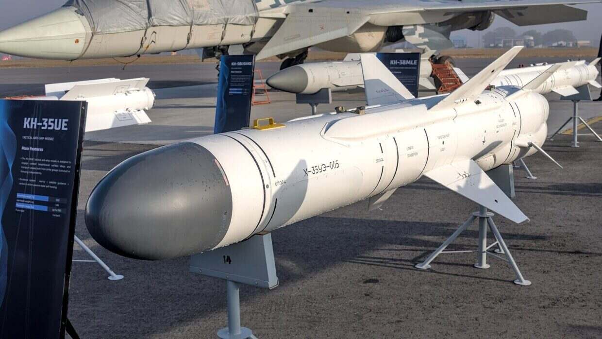 Close-up of KH-35UE missile displayed at Aero India 2025 in Bengaluru, India.
