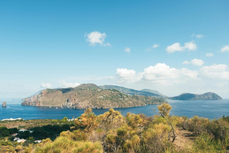 Beautiful panoramic view of Panarea Island with clear skies and calm sea in summer.