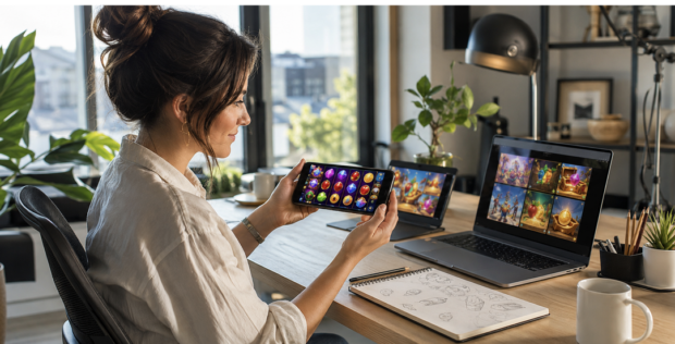Femme créant des visuels de jeu sur smartphone 