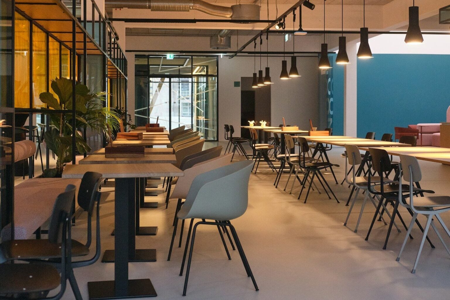 Modern office space with tables and chairs