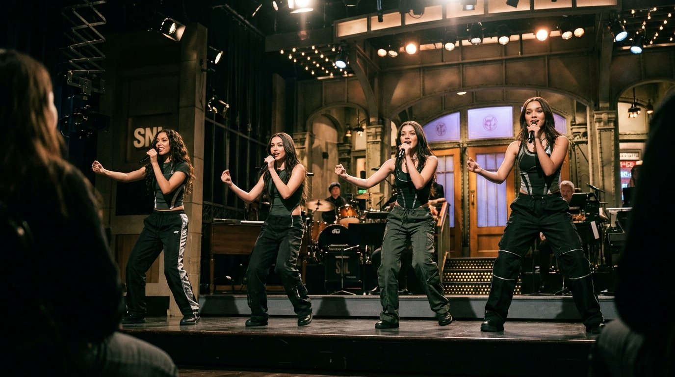 Illustration éditoriale — KATSEYE fait ses débuts dans Saturday Night Live à quatre