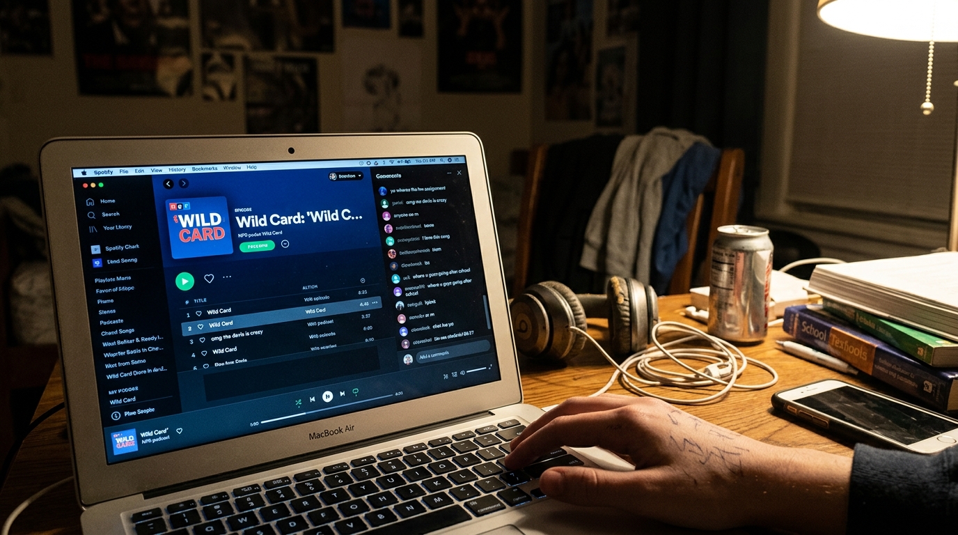 Illustration éditoriale — Des collégiens font des commentaires Spotify un chat de groupe
