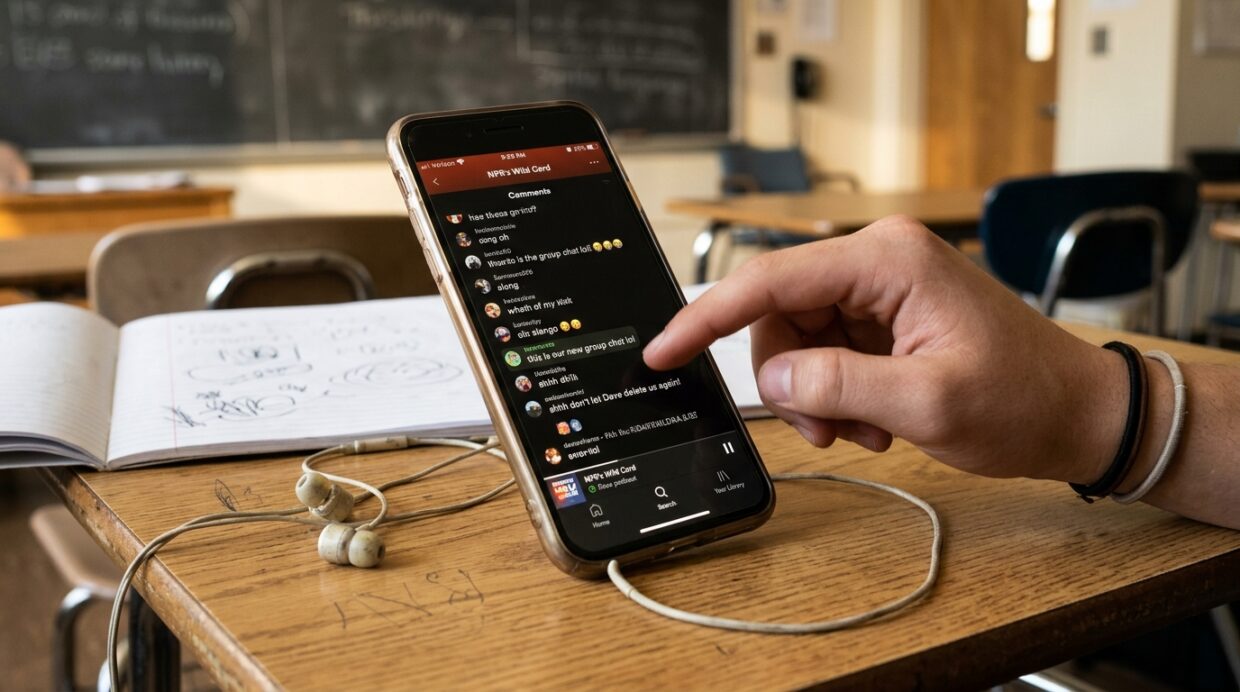 Illustration éditoriale — Des collégiens font des commentaires Spotify un groupe de discussion