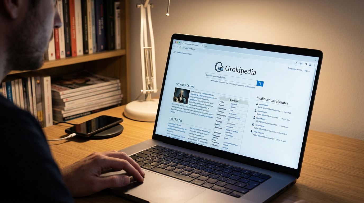 Illustration éditoriale — Grokipedia 0.3 : nouveau logo, même question sur le fond